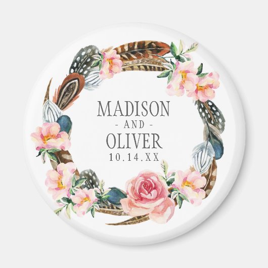 Wasserfarbener Blumenstrauß mit Federn | Hochzeit Magnet (Vorne)