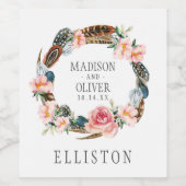 Wasserfarbener Blumenstrauß mit Federn | Hochzeit Weinetikett (Einzelnes Label)