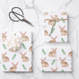Wasserfarbener brauner Osterhase und Grünmuster Geschenkpapier Set