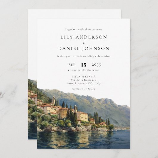 Wasserfarbener Como QR Code Italienische Hochzeit Einladung (Vorne/Hinten)