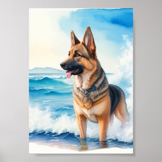 Wasserfarbener deutscher Schäferhund am Strand 2 Poster (Vorne)