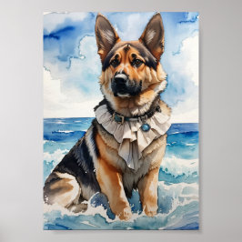 Wasserfarbener deutscher Schäferhund am Strand 5 Poster