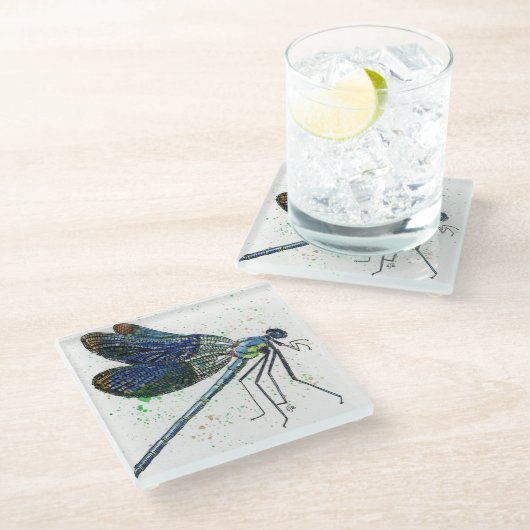 Wasserfarbener Dragonfly-Untersetzer Glasuntersetzer (Schrägansicht)