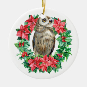 Wasserfarbener Eulen-Botanik-Kranz Weihnachtsfoto Keramik Ornament