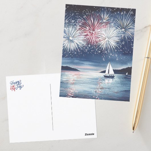 Wasserfarbener Feuerwerk über dem Happy See 4. Postkarte