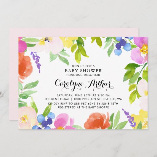 Wasserfarbener Frühling Blüten Kinderdusche Einlad Einladung (Vorne/Hinten)