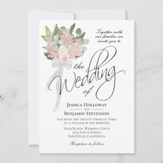 Wasserfarbener Frühling Pink Bouquet Rustikales Bo Einladung (Vorderseite)