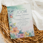Wasserfarbener Frühlingsflor 100. Geburtstag Einladung<br><div class="desc">Hübsches Grün, Gelb und Rosa Aquarell, florale 100. Geburtstagsfeier für Frauen. Text, Schriftart und Wortlaut sind vollständig anpassbar, sodass diese Karte, obwohl sie für eine Dame konzipiert ist, die ihren 100. Geburtstag feiert, für jedes Alter angepasst werden kann. Kontaktieren Sie uns für Hilfe bei der Anpassung oder um passende Produkte...</div>