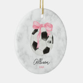 Wasserfarbener Fußballball mit rosa Coquette Bow Keramik Ornament (Rechts)