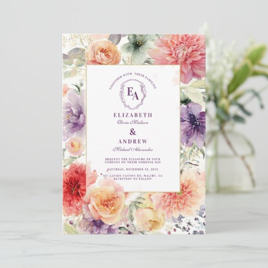 Wasserfarbener Garten Blumenzwiebelblumen Hochzeit Einladung (Stehend Vorderseite)