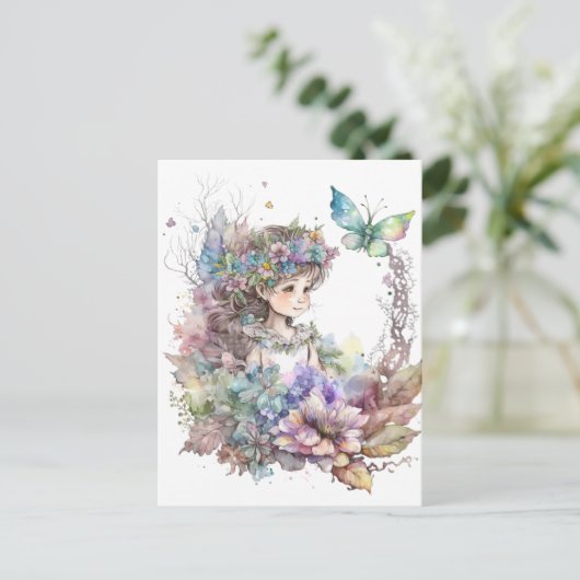 Wasserfarbener Garten Girl - Schmetterling Postkarte (Stehend Vorderseite)