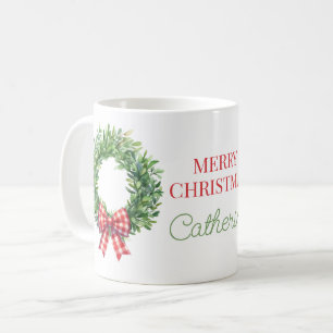 Wasserfarbener grüner Kranz mit roter Gingham-Schl Kaffeetasse