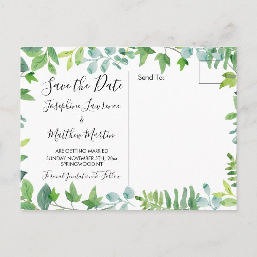 Wasserfarbener Grünkranz Save the Date Ankündigungspostkarte (Rückseite)