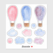 Wasserfarbener Heißluftballon. Rosa, blau und lila Aufkleber (Blatt)