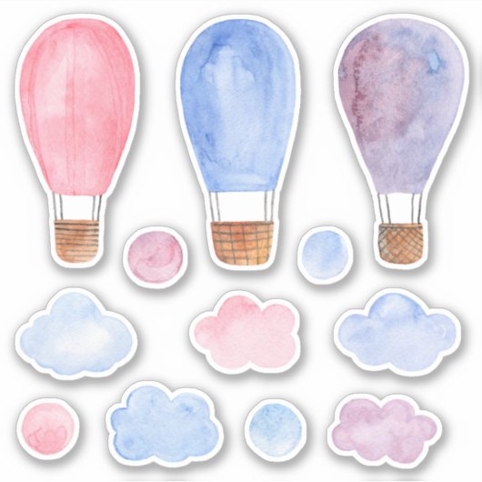 Wasserfarbener Heißluftballon. Rosa, blau und lila Aufkleber (Vorderseite)