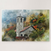 Wasserfarbener Herbst Landschaft der Kirche Puzzle (Horizontal)