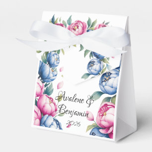 Wasserfarbener Hochzeitsbogen mit rosa und blauen  Geschenkschachtel