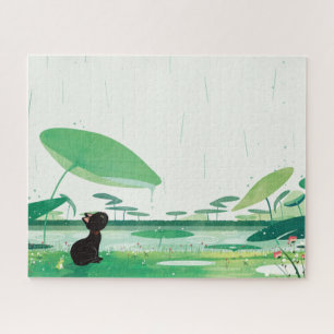 Wasserfarbener Katzenfrosch im Regen Puzzle