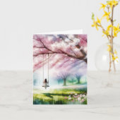 Wasserfarbener Kirschbaum mit Mädchen auf einer Sc Karte (Gelbe Blume)