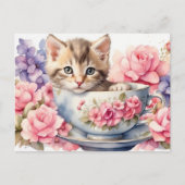 Wasserfarbener Kitten im Teacup mit Blume Postkarte (Vorderseite)