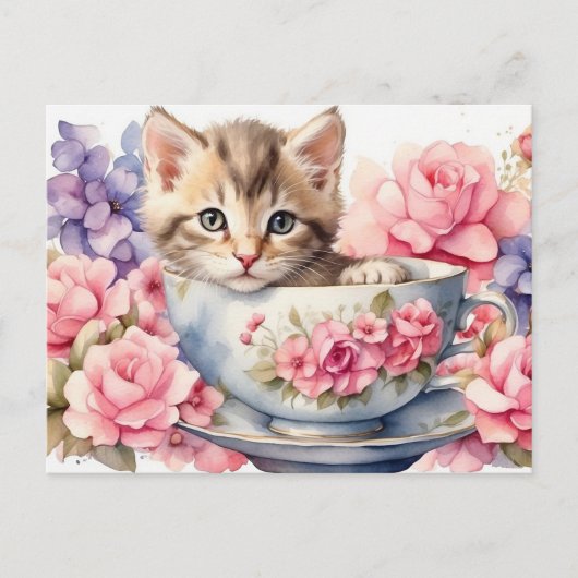 Wasserfarbener Kitten im Teacup mit Blume Postkarte (Vorderseite)