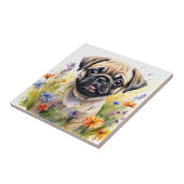 Wasserfarbener Mops Welpe in Wildblumen Fliese (Seite)