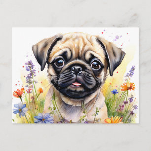 Wasserfarbener Mops Welpe in Wildblumen Postkarte