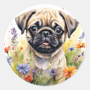 Wasserfarbener Mops Welpe in Wildblumen Runder Aufkleber