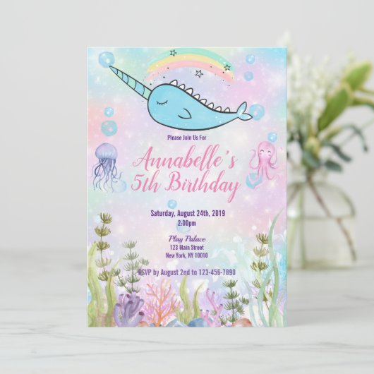 Wasserfarbener Narwhal unter dem Meer Einladung (Stehend Vorderseite)