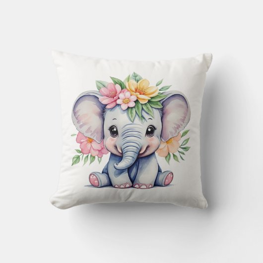 Wasserfarbener Niedlicher Elefant mit Blume Kissen (Vorderseite)