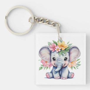 Wasserfarbener Niedlicher Elefant mit Blume Schlüsselanhänger