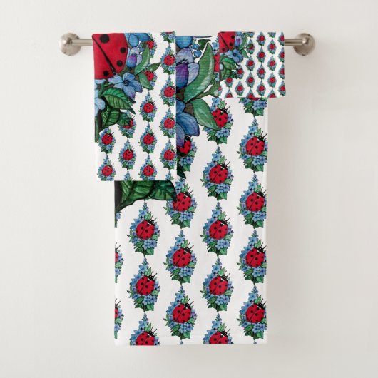 Wasserfarbener Niedlicher Ladybird mit blauen Blum Badhandtuch Set (Insitu)
