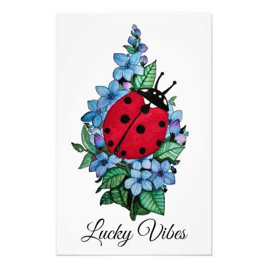 Wasserfarbener Niedlicher Ladybird mit blauen Blum Fotodruck (Vorne)