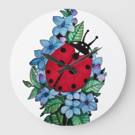 Wasserfarbener Niedlicher Ladybird mit blauen Blum Große Wanduhr
