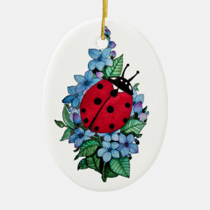 Wasserfarbener Niedlicher Ladybird mit blauen Blum Keramik Ornament