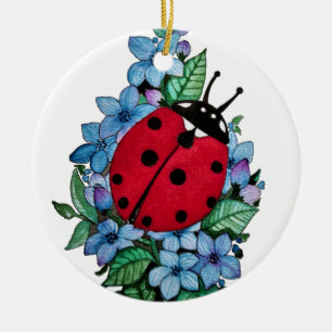 Wasserfarbener Niedlicher Ladybird mit blauen Blum Keramik Ornament