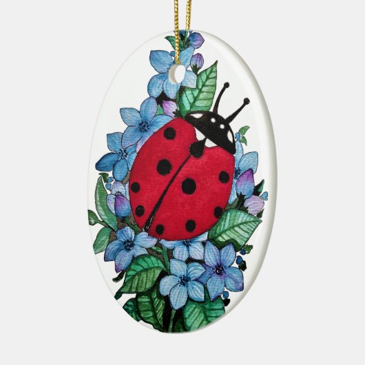 Wasserfarbener Niedlicher Ladybird mit blauen Blum Keramik Ornament (Links)
