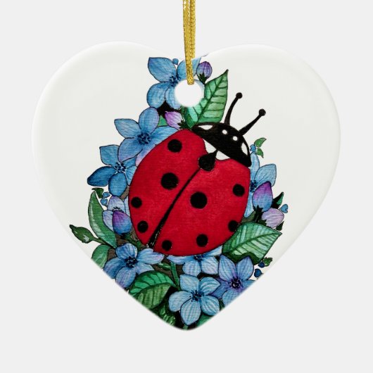 Wasserfarbener Niedlicher Ladybird mit blauen Blum Keramik Ornament (Vorne)