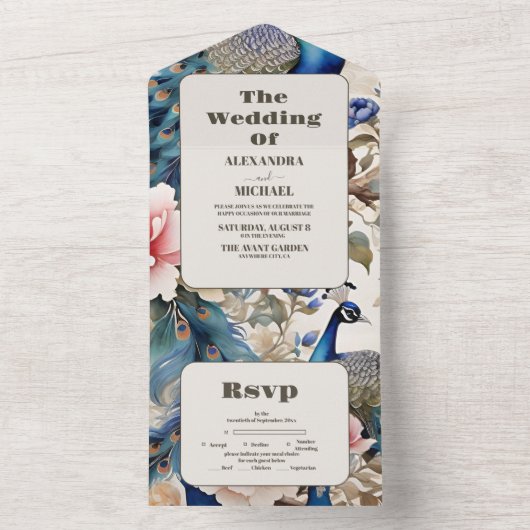 Wasserfarbener Pfauenpfau Chinoiserie All In One Einladung (Innen Boden)