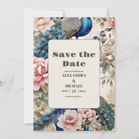 Wasserfarbener Pfauenpfau Chinoiserie Save The Date (Vorderseite)