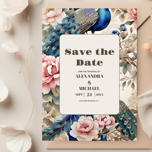 Wasserfarbener Pfauenpfau Chinoiserie Save The Date