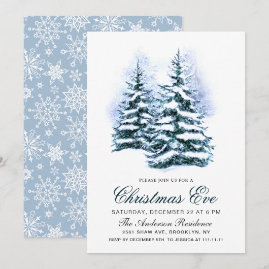 Wasserfarbener Pine Tree Chic Weihnachtsabend Einladung (Vorne/Hinten)