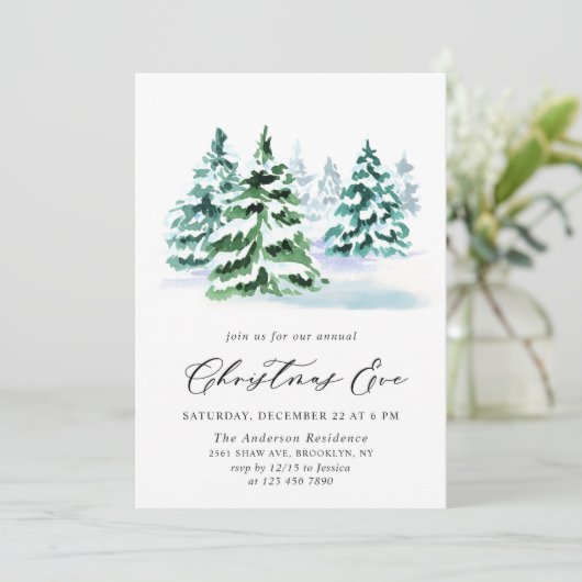 Wasserfarbener Pine Tree Chic Weihnachtsabend Einladung (Stehend Vorderseite)