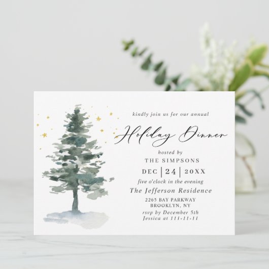 Wasserfarbener Pine Tree Chic Weihnachtsfest Abend Einladung (Stehend Vorderseite)