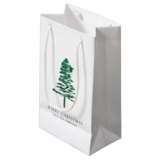 Wasserfarbener Pine Tree Moderne Weihnachten Kleine Geschenktüte (Vorderseite Schrägansicht)