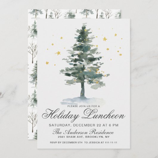 Wasserfarbener Pine Tree Weihnachten Einladung (Vorne/Hinten)