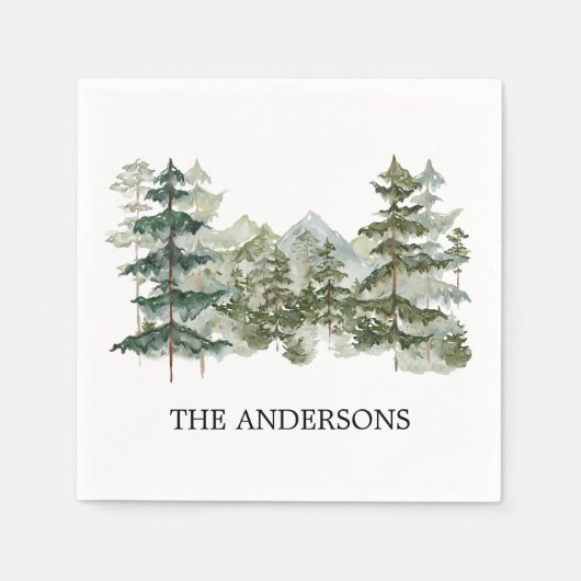 Wasserfarbener Pinienwald & Gebirge Rustikal Serviette (Vorderseite)