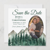 Wasserfarbener Pinienwald Oval Foto Hochzeit Save The Date (Vorderseite)