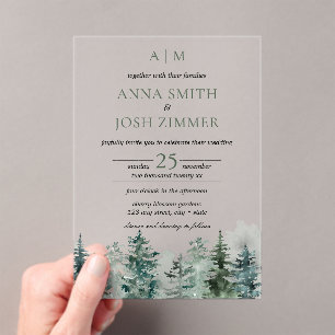 Wasserfarbener Pinienwald Rustikale Hochzeit Acryleinladungen