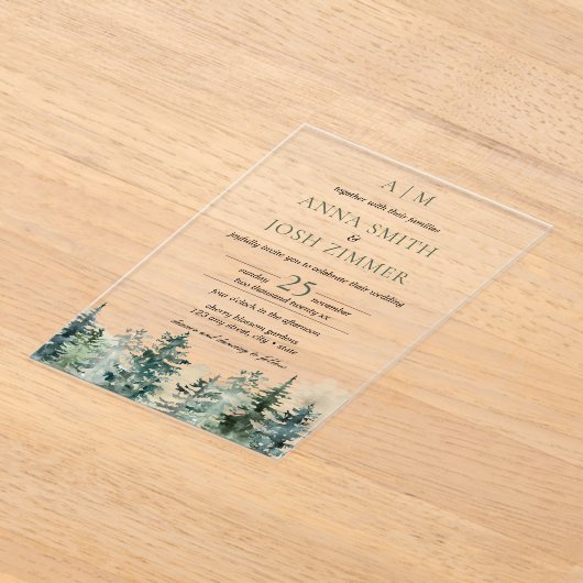 Wasserfarbener Pinienwald Rustikale Hochzeit Acryleinladungen (Ablage )